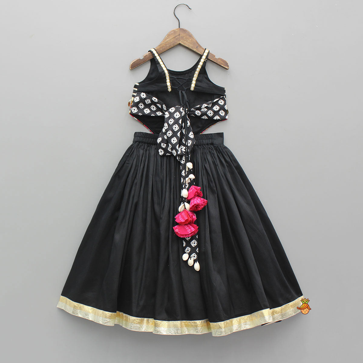 Black Embellished Faux Mirror Embroidered Top With Tiered Lehenga And Dupatta With Bandana