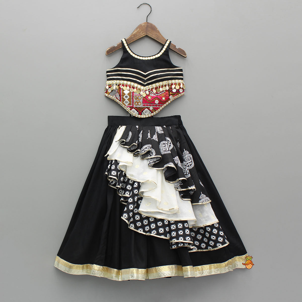 Black Embellished Faux Mirror Embroidered Top With Tiered Lehenga And Dupatta With Bandana