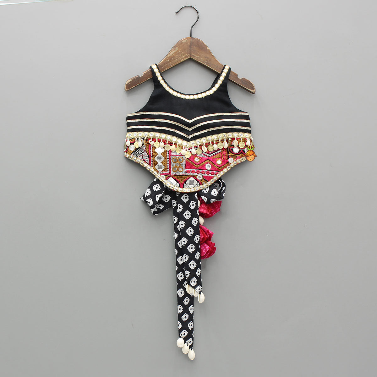Black Embellished Faux Mirror Embroidered Top With Tiered Lehenga And Dupatta With Bandana