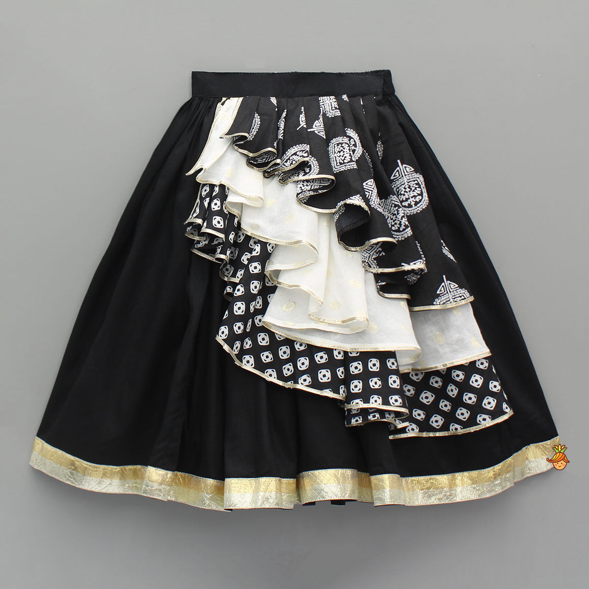 Black Embellished Faux Mirror Embroidered Top With Tiered Lehenga And Dupatta With Bandana