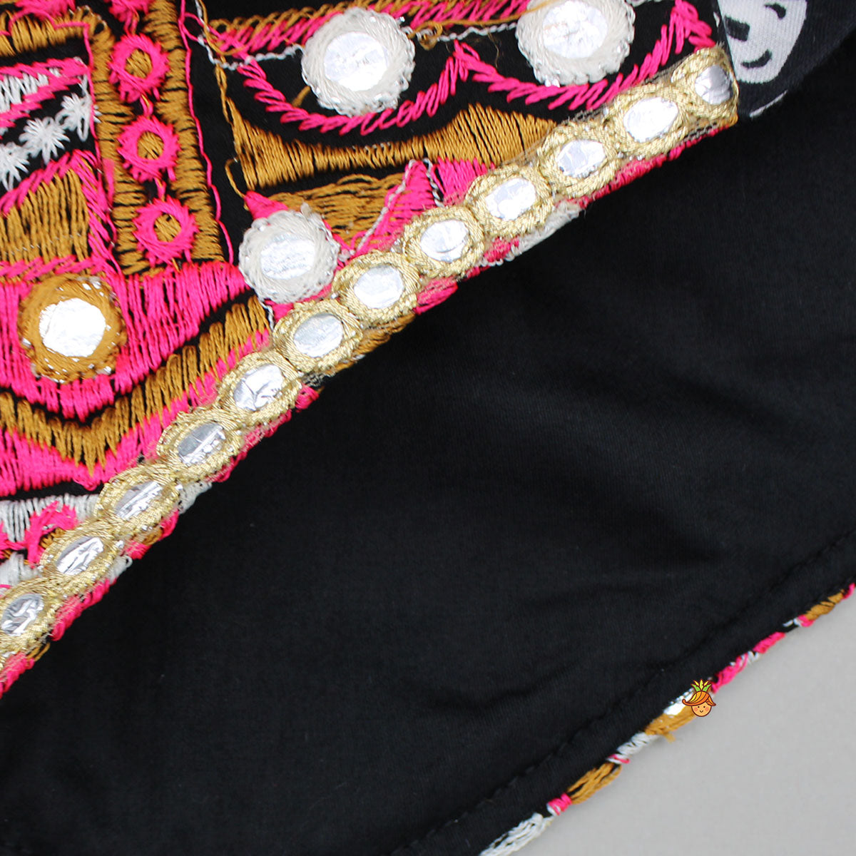 Black Embellished Faux Mirror Embroidered Top With Tiered Lehenga And Dupatta With Bandana