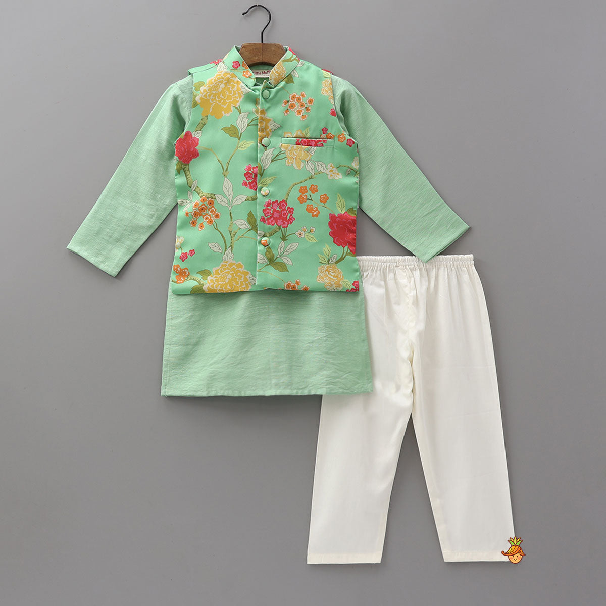 Ethnic Kurta With Floral Printed Jacket And Pyjama