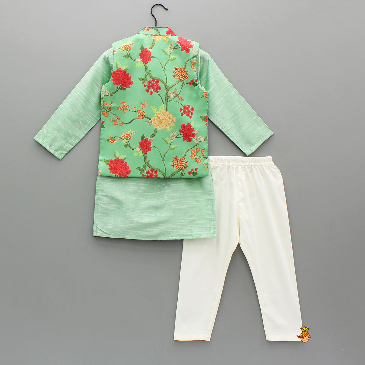 Green Ethnic Kurta With Floral Printed Jacket And Pyjama
