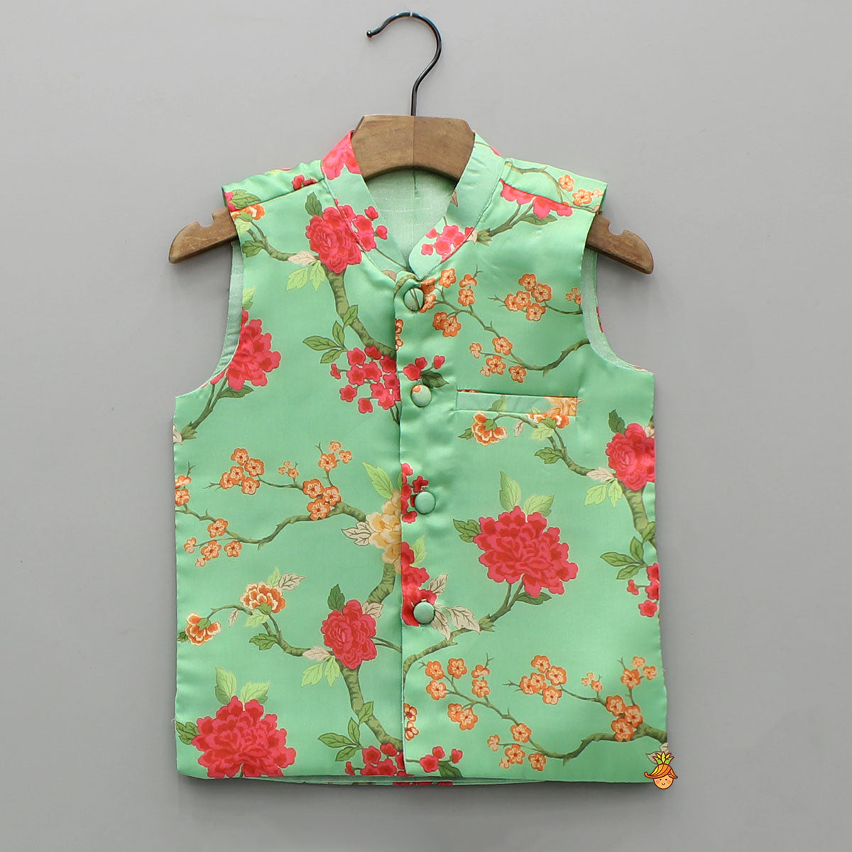 Green Ethnic Kurta With Floral Printed Jacket And Pyjama
