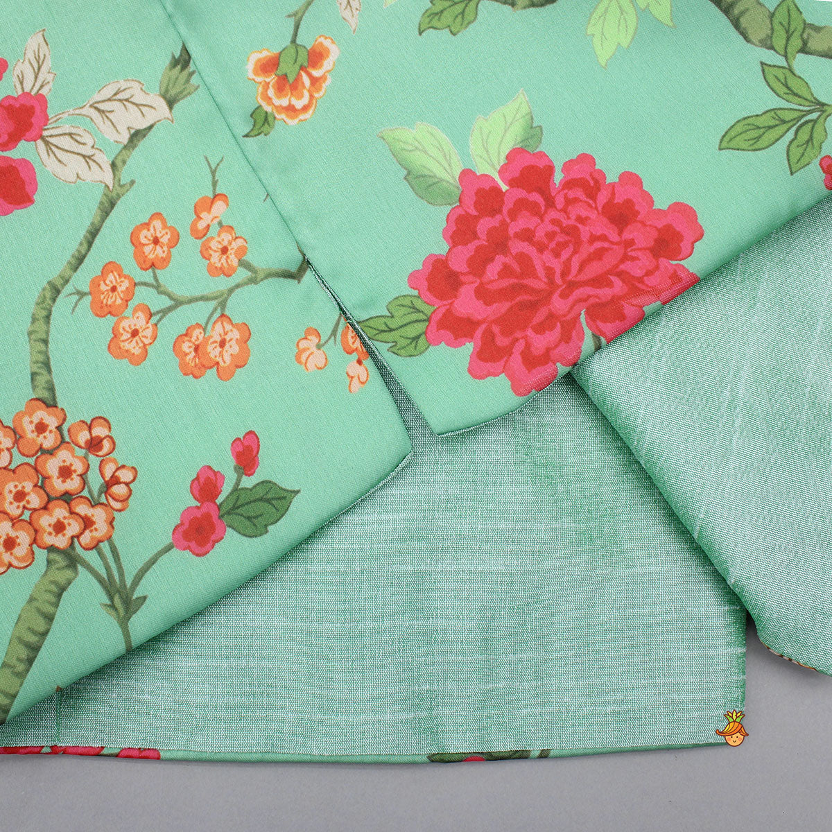 Green Ethnic Kurta With Floral Printed Jacket And Pyjama