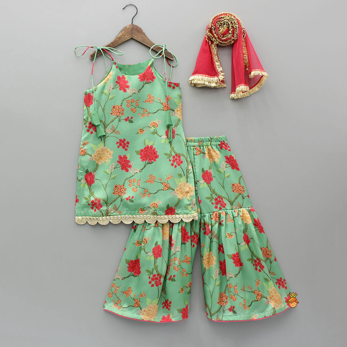 Floral Tie Up Kurti With Matching Sharara And Dupatta