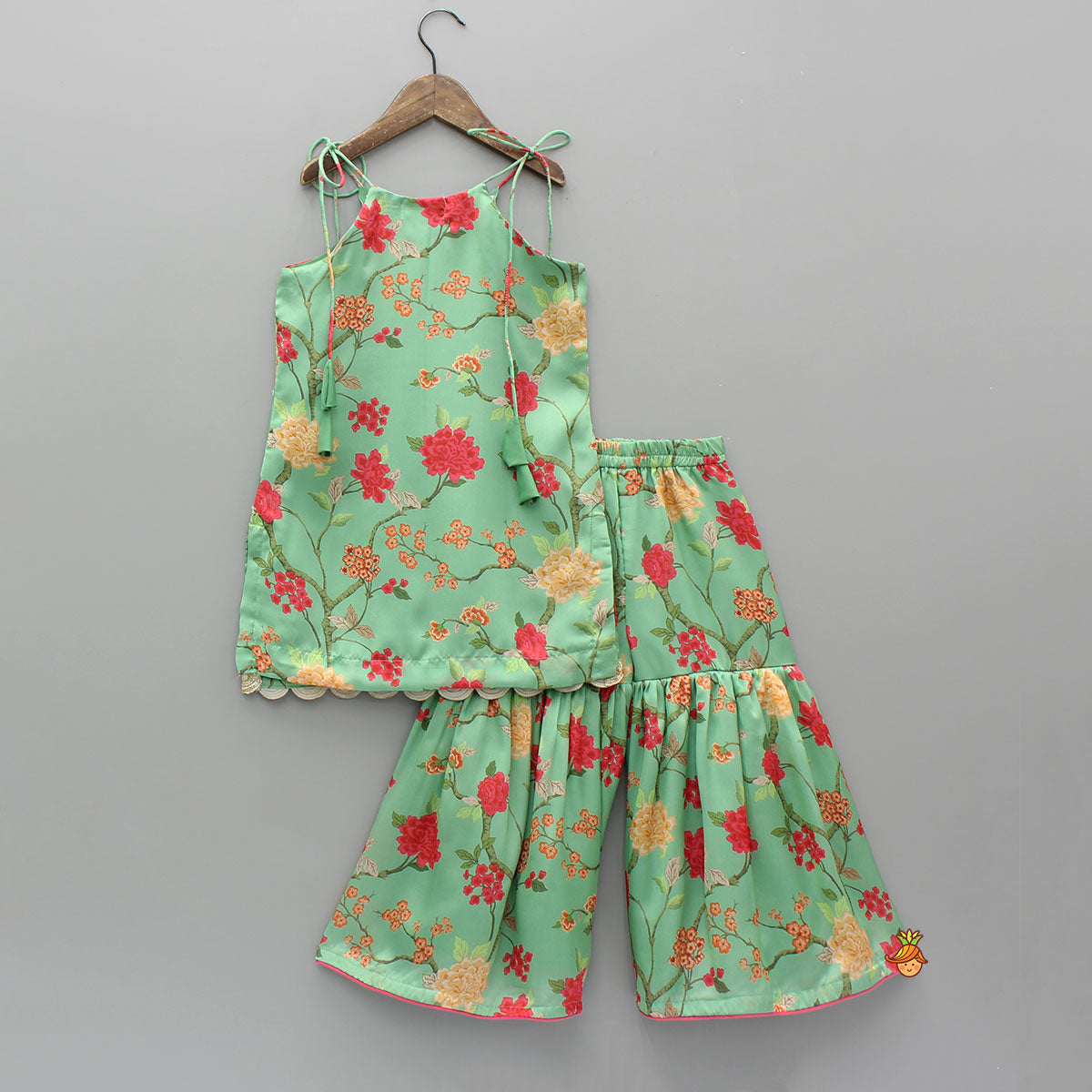 Floral Tie Up Kurti With Matching Sharara And Dupatta