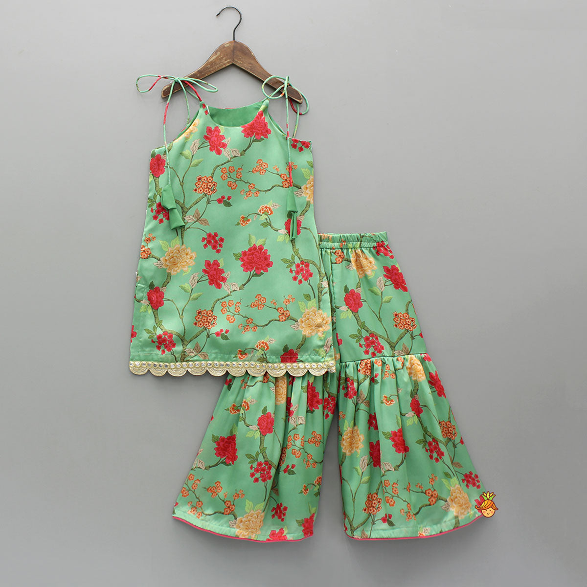 Floral Tie Up Kurti With Matching Sharara And Dupatta