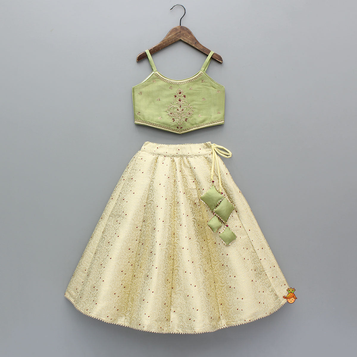 Strappy Green Embroidered Yoke Top And Brocade Lehenga