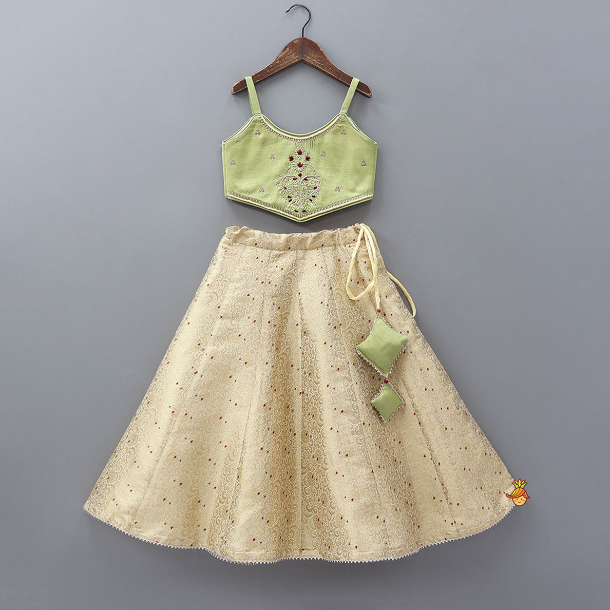 Strappy Green Embroidered Yoke Top And Brocade Lehenga