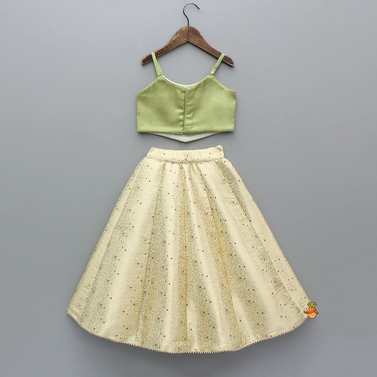 Strappy Green Embroidered Yoke Top And Brocade Lehenga