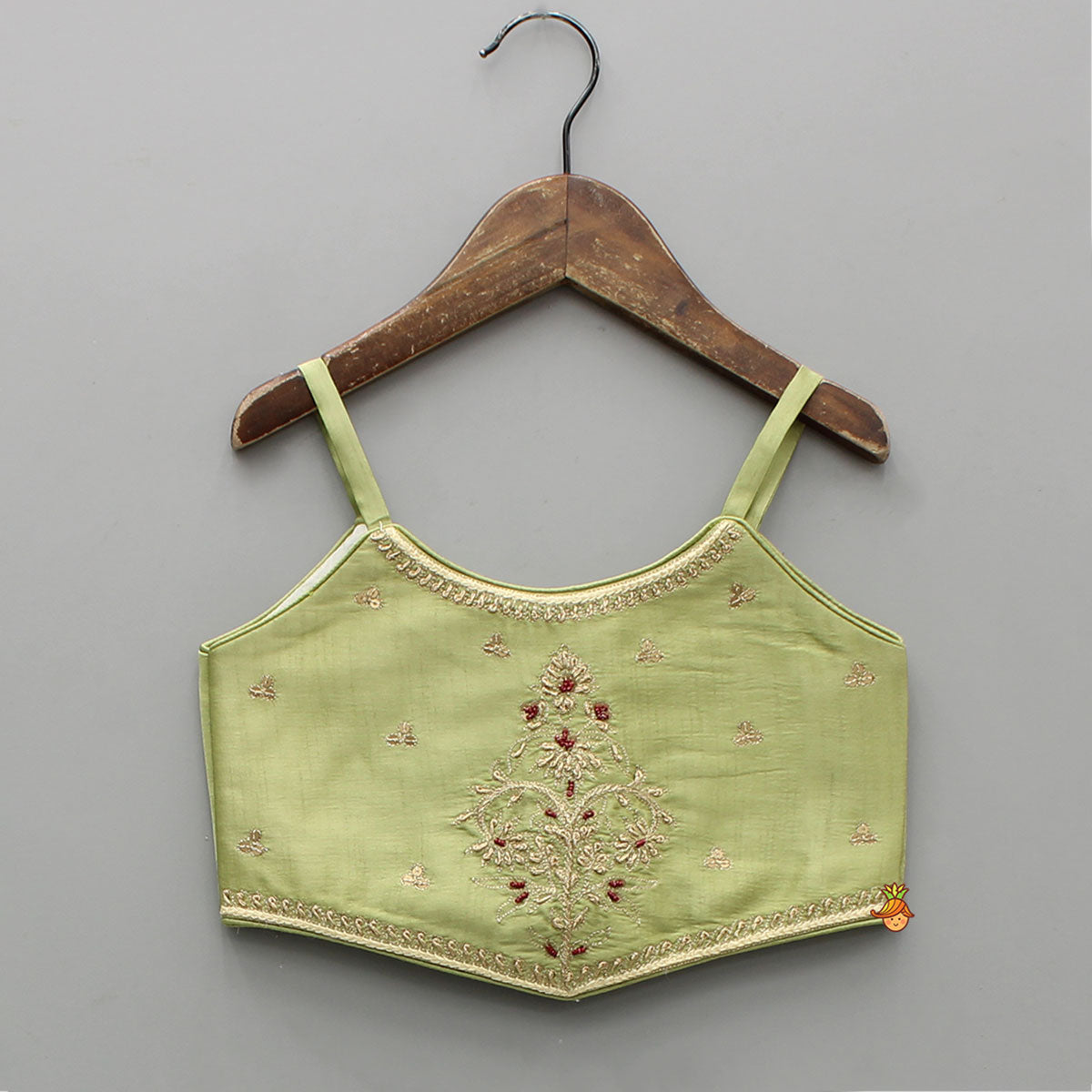 Strappy Green Embroidered Yoke Top And Brocade Lehenga