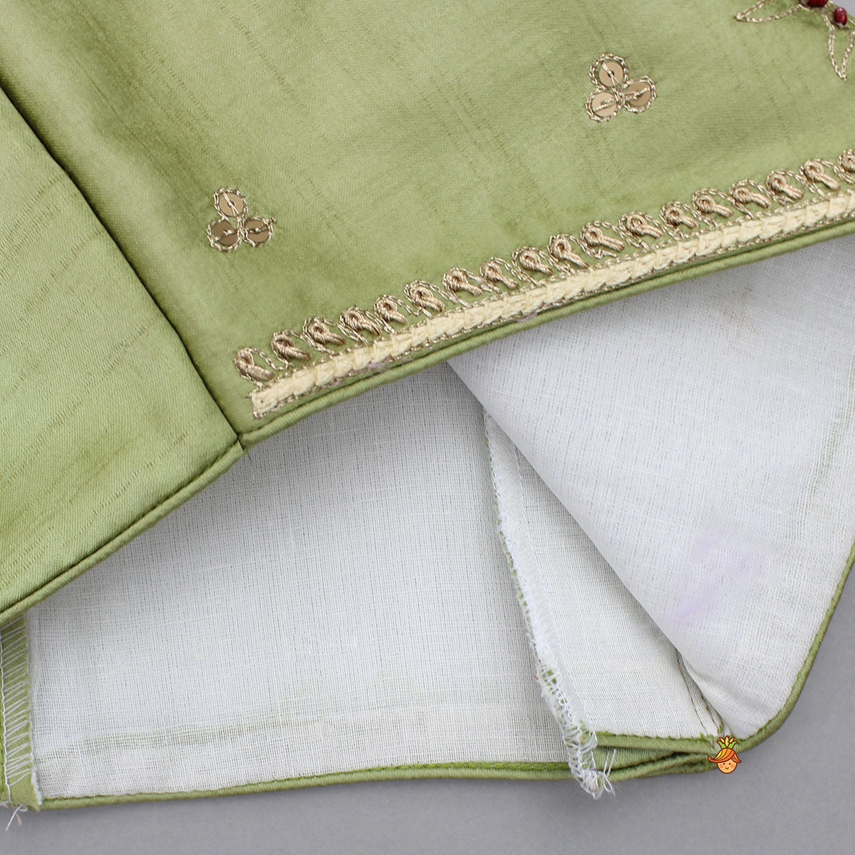 Strappy Green Embroidered Yoke Top And Brocade Lehenga