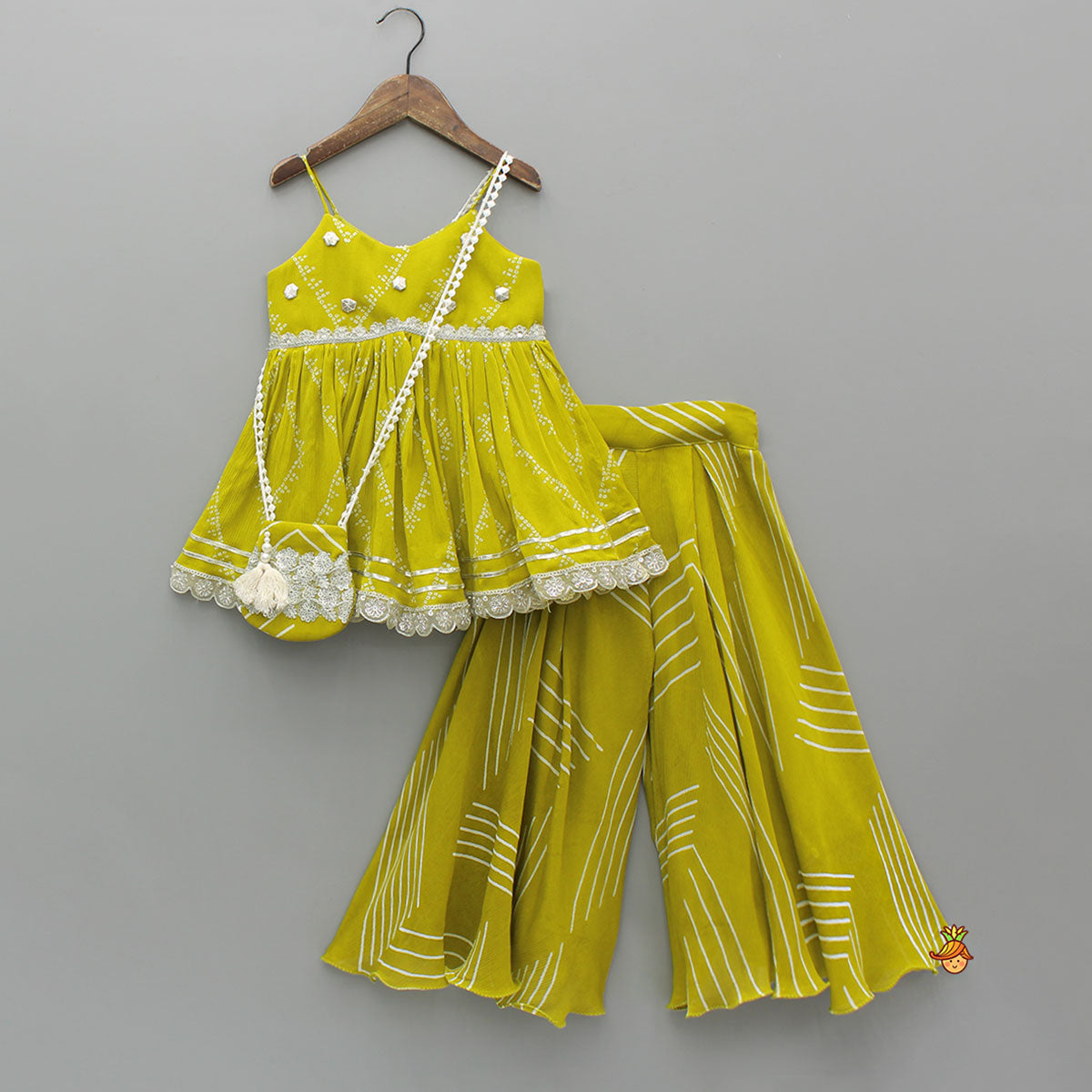 Bandhani Printed Strappy Peplum Kurti With Palazzo And Small Bag