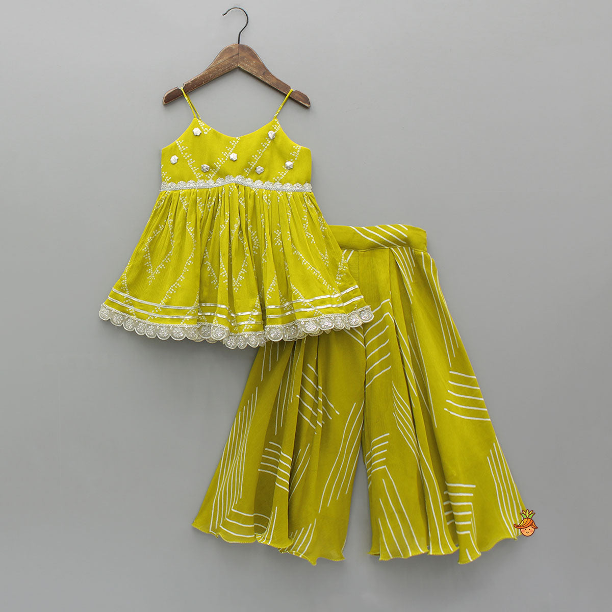 Bandhani Printed Strappy Peplum Kurti With Palazzo And Small Bag