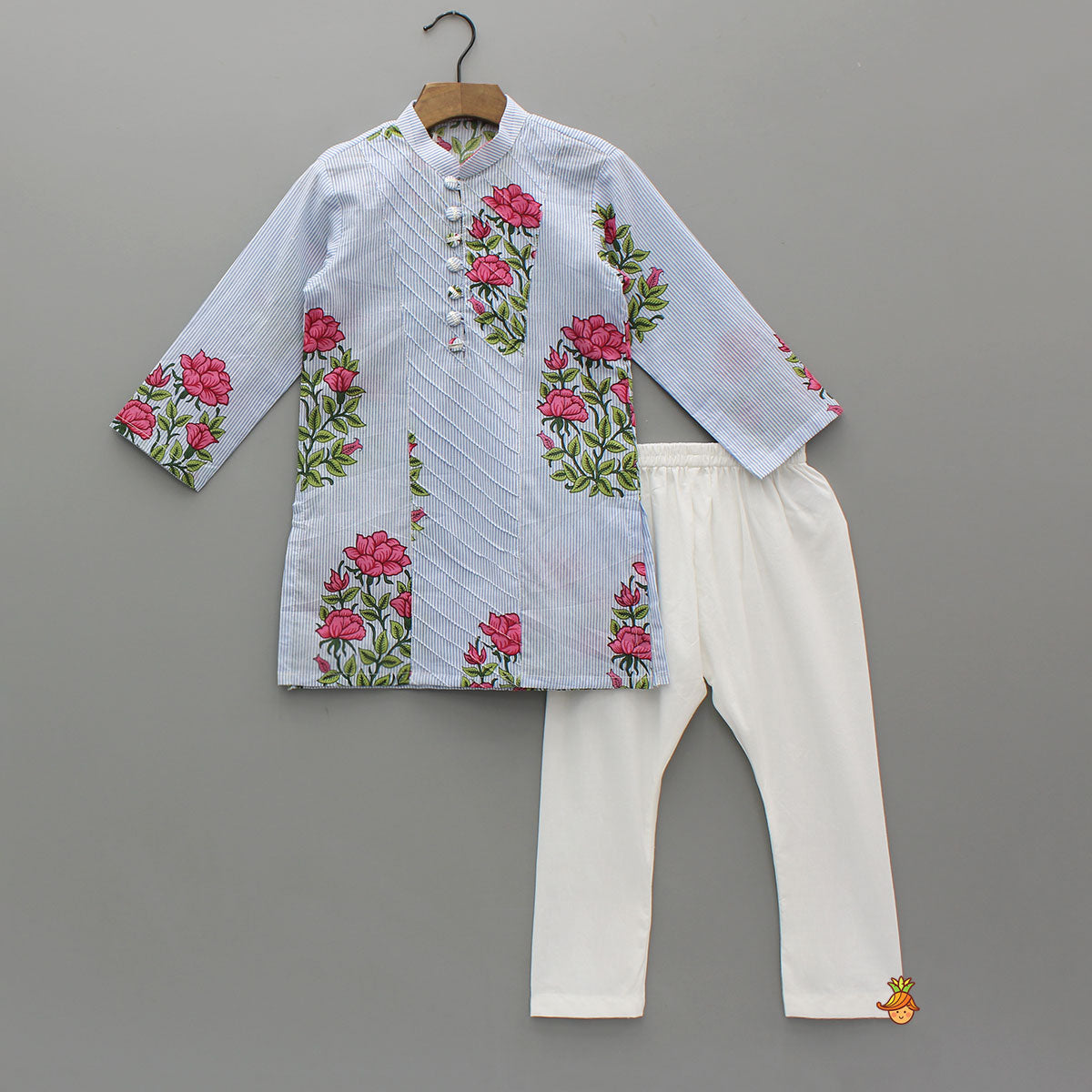 Floral Printed Striped Cotton Kurta With Pyjama