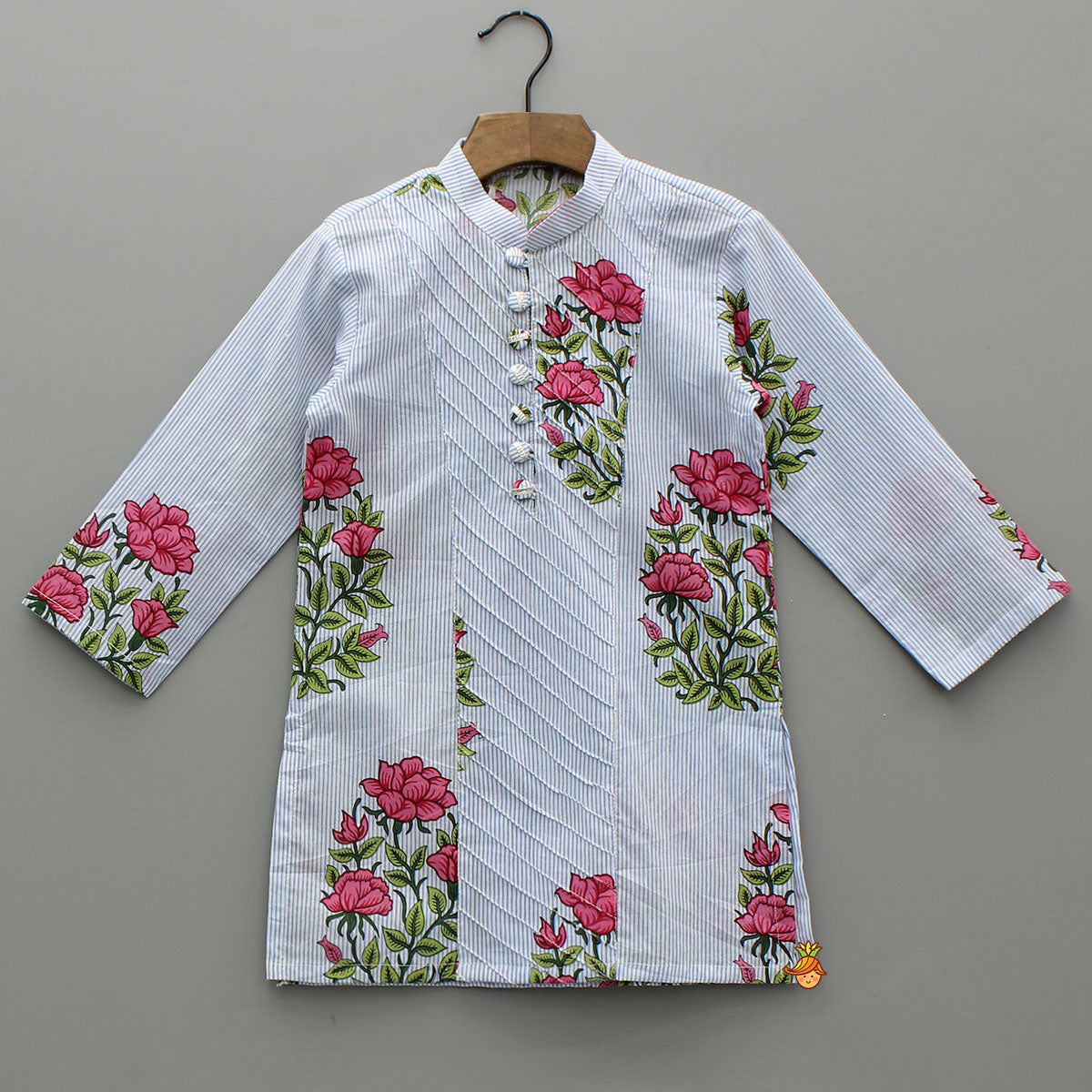 Floral Printed Striped Cotton Kurta With Pyjama