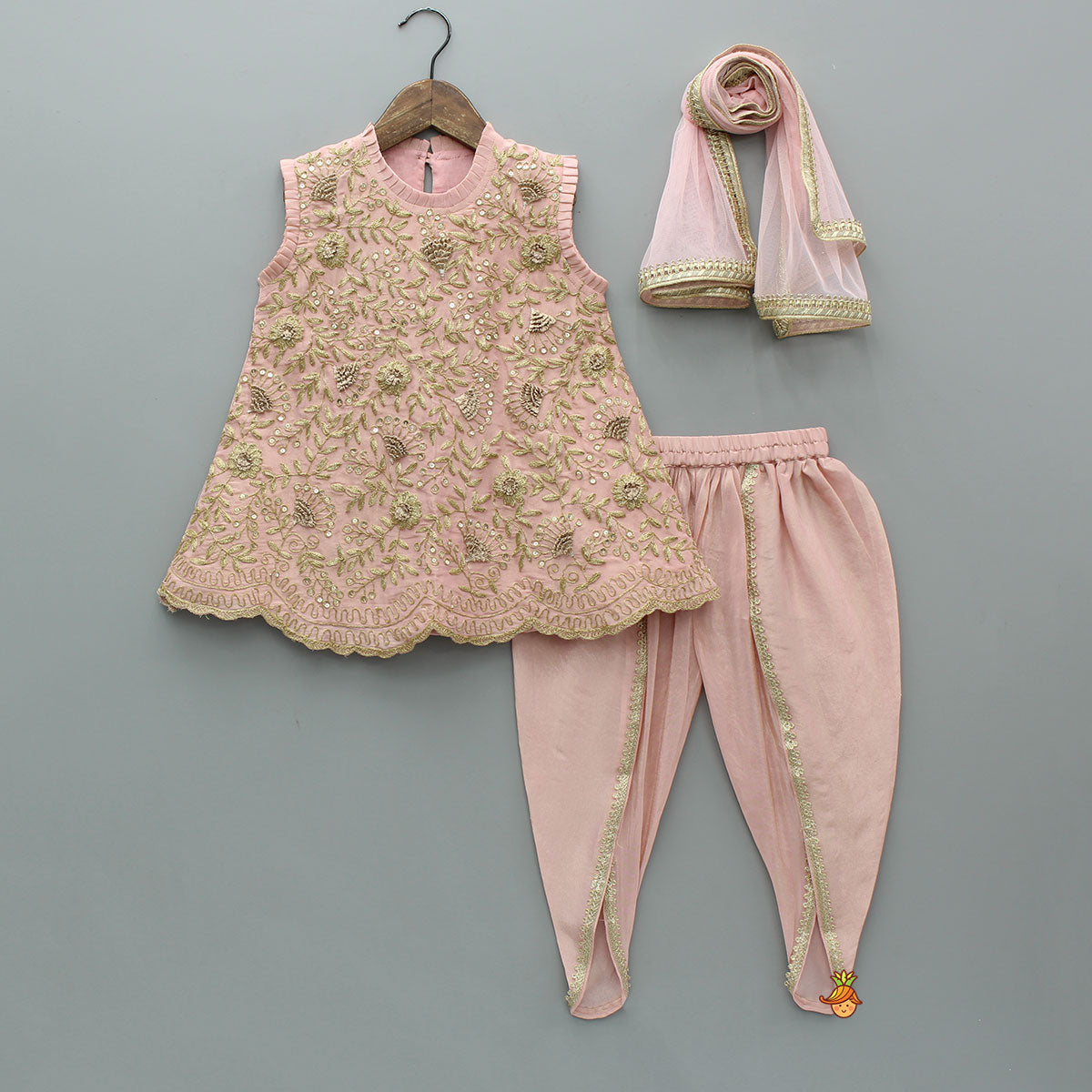 Stunning Shimmery Floral Embroidered Pleat Detailed Top With Shimmery Dhoti And Dupatta