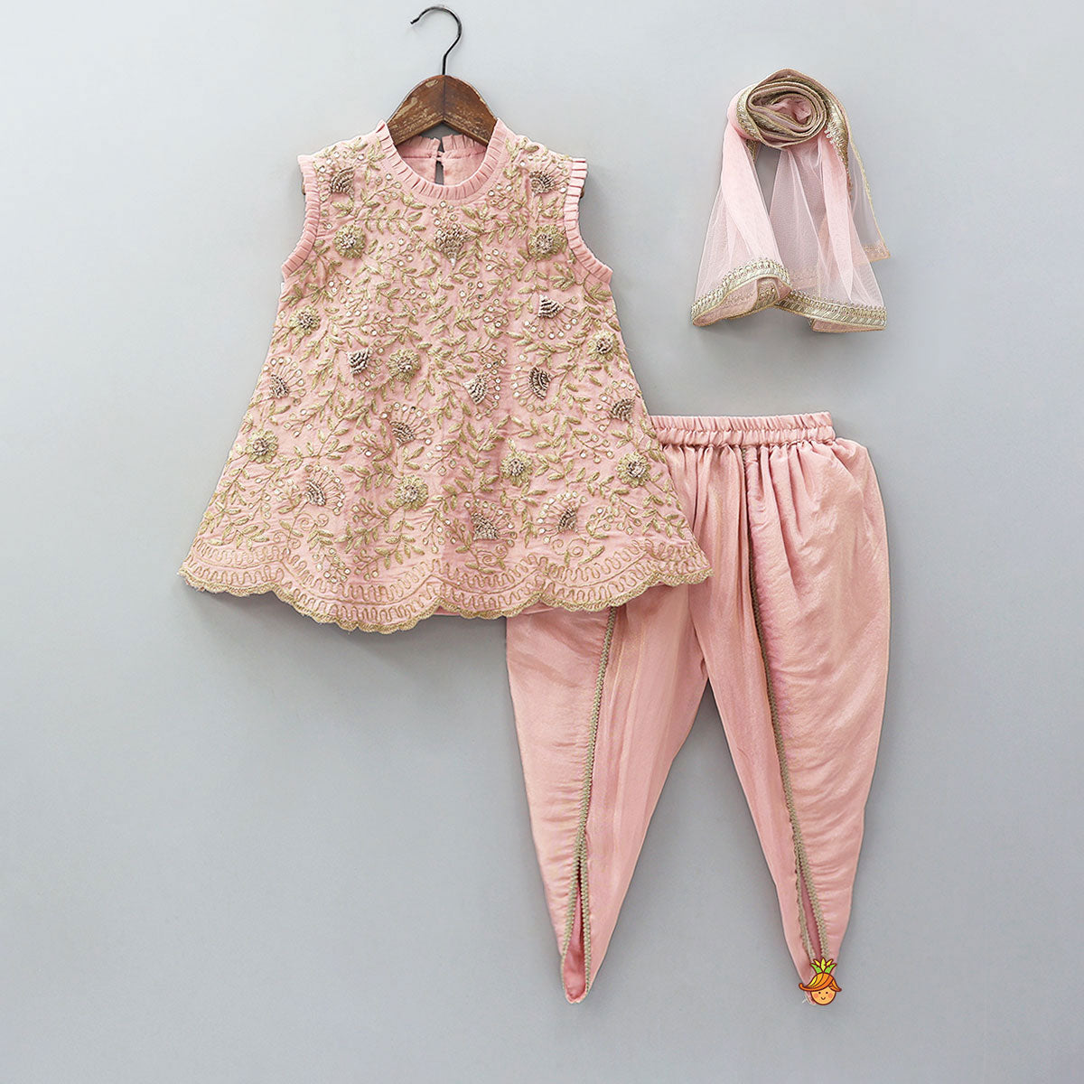 Stunning Shimmery Floral Embroidered Pleat Detailed Top With Shimmery Dhoti And Dupatta