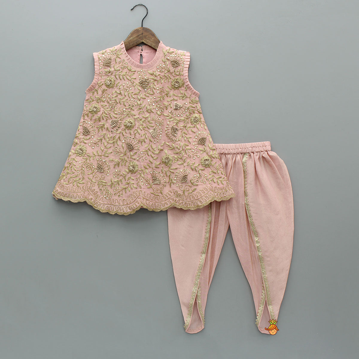 Stunning Shimmery Floral Embroidered Pleat Detailed Top With Shimmery Dhoti And Dupatta
