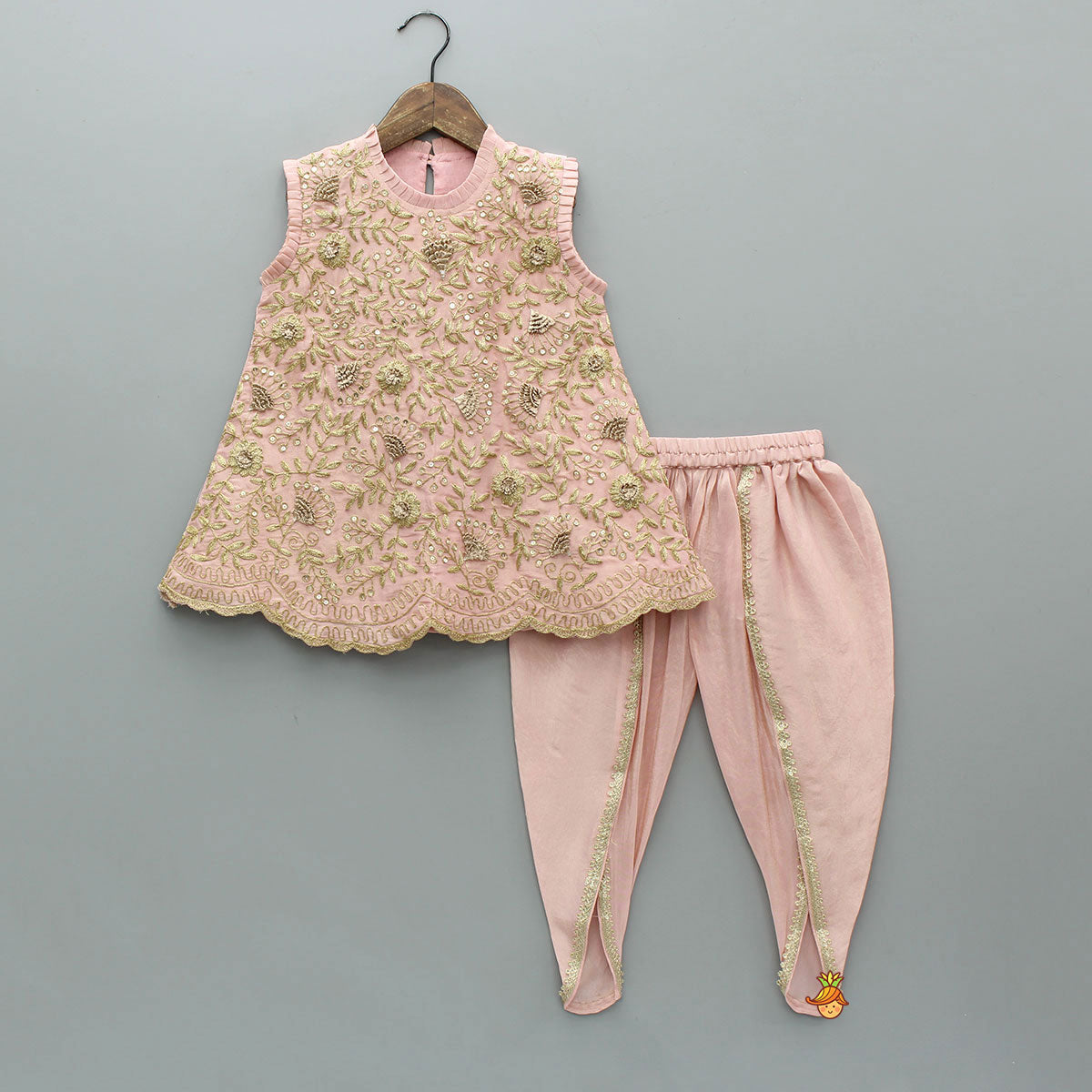 Stunning Shimmery Floral Embroidered Pleat Detailed Top With Shimmery Dhoti And Dupatta