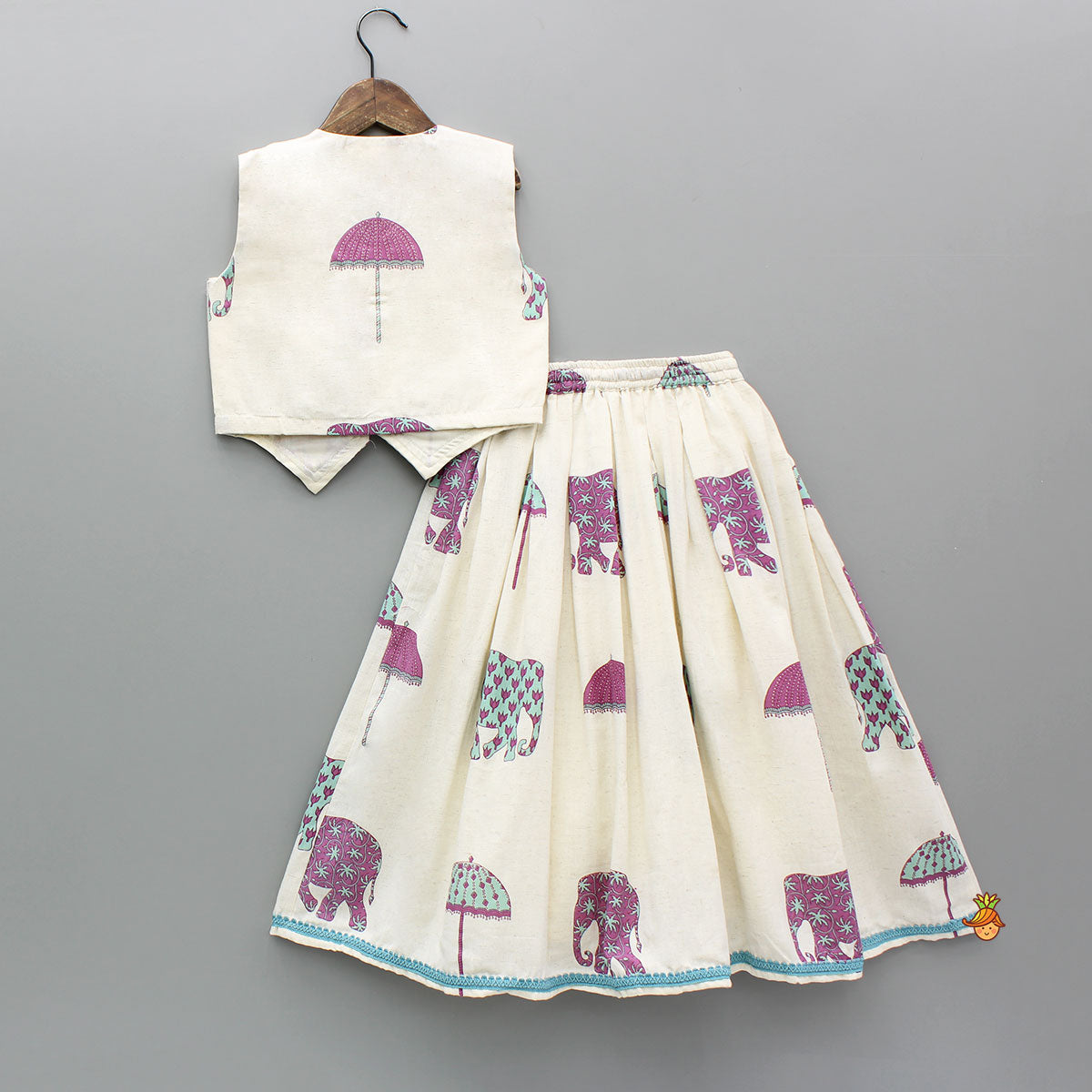 Printed Off White Waist Coat Style Top With Lehenga