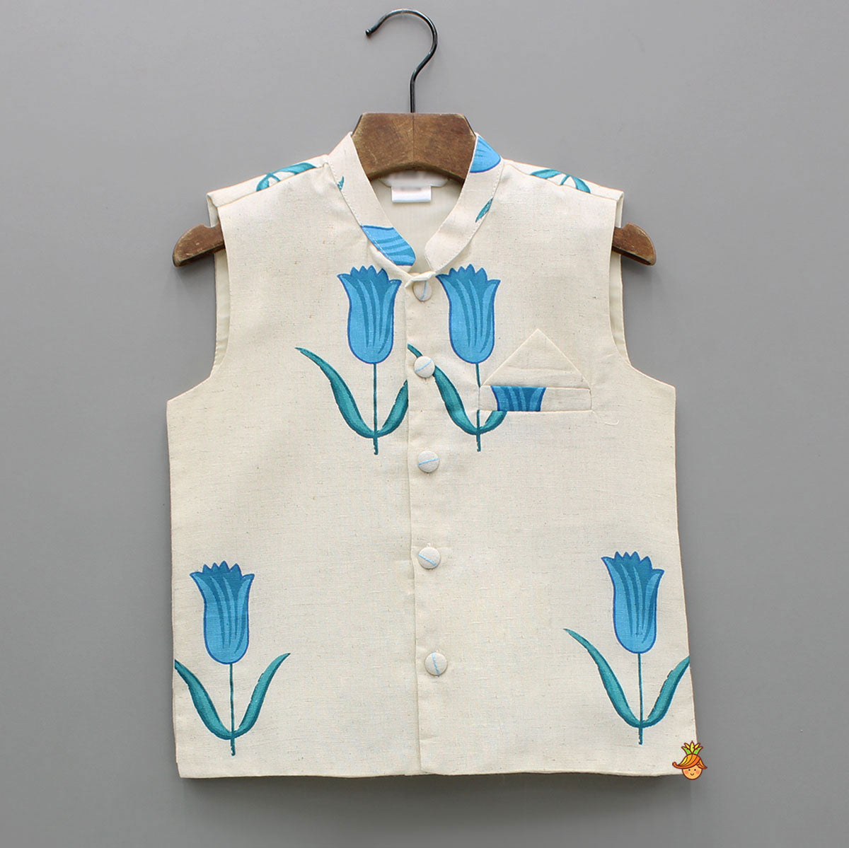 Off White Khadi Cotton Kurta With Blue Tulip Printed Jacket And Pyjama