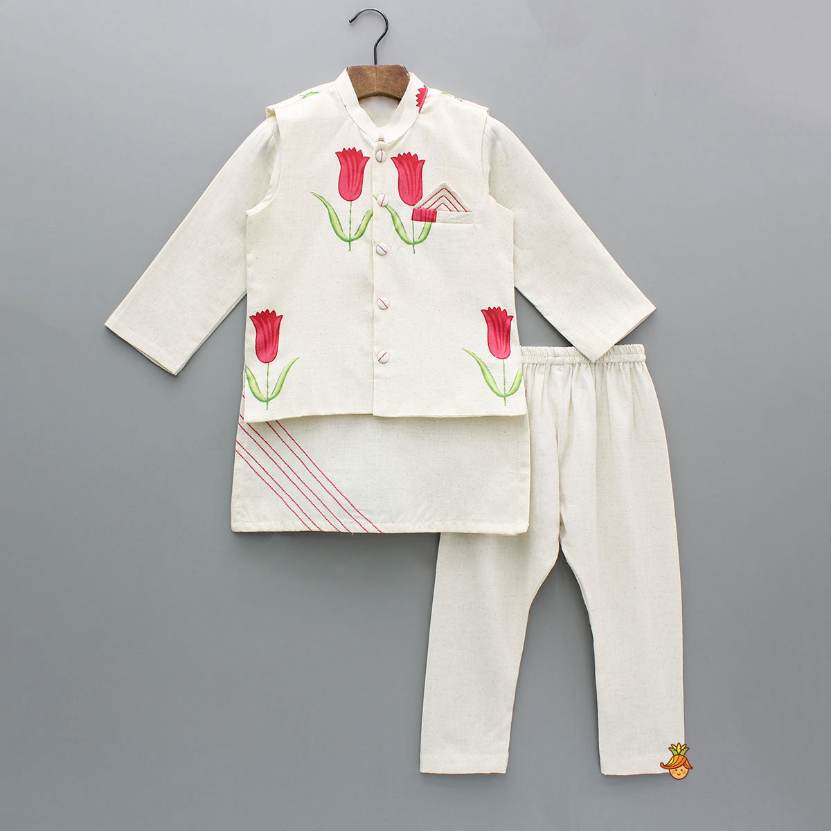 Off White Khadi Kurta With Red Tulip Printed Jacket And Pyjama