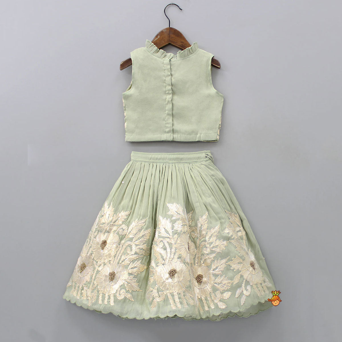 Gota Lace Detailed Green Top With Lehenga