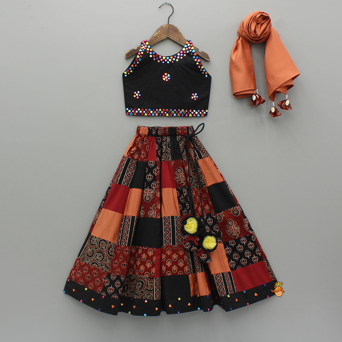 Mirror Embroidered Sleeveless Top With Printed Lehenga And Dupatta