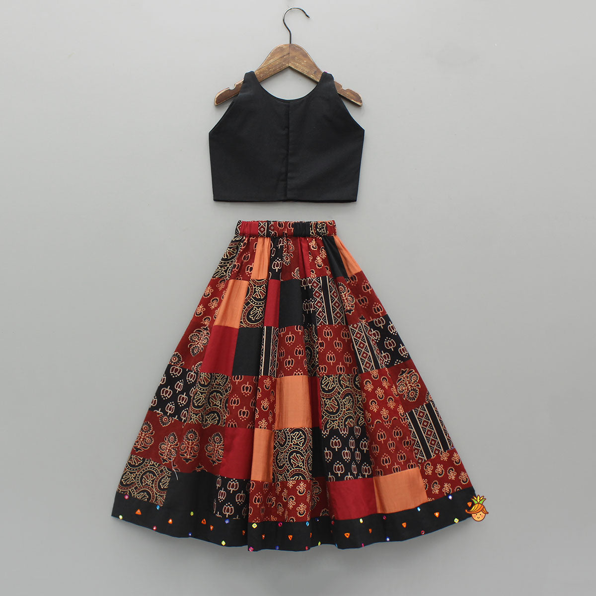 Mirror Embroidered Sleeveless Top With Printed Lehenga And Dupatta
