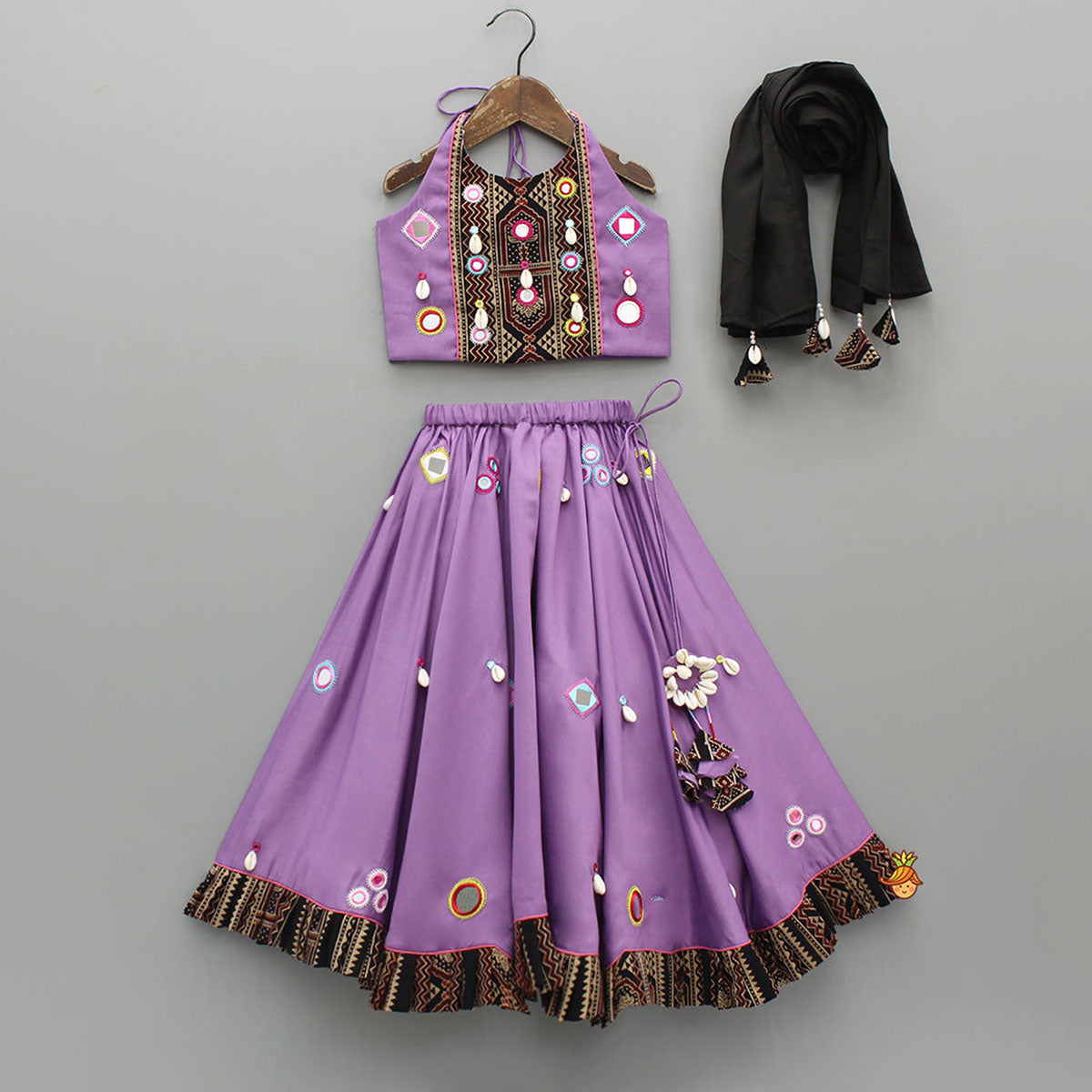Mirror Embellished Halter Neck Purple Top With Matching Lehenga And Dupatta
