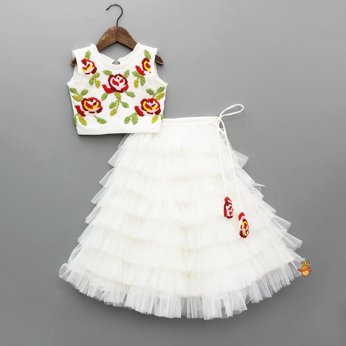 Floral Beaded Pleat Detailed Top With Tiered Ruffle Lehenga