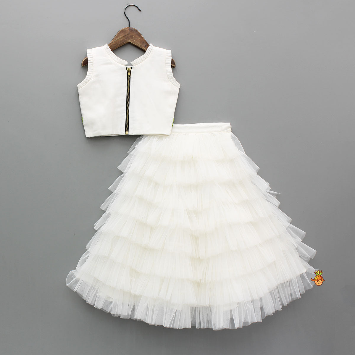 Floral Beaded Pleat Detailed Top With Tiered Ruffle Lehenga