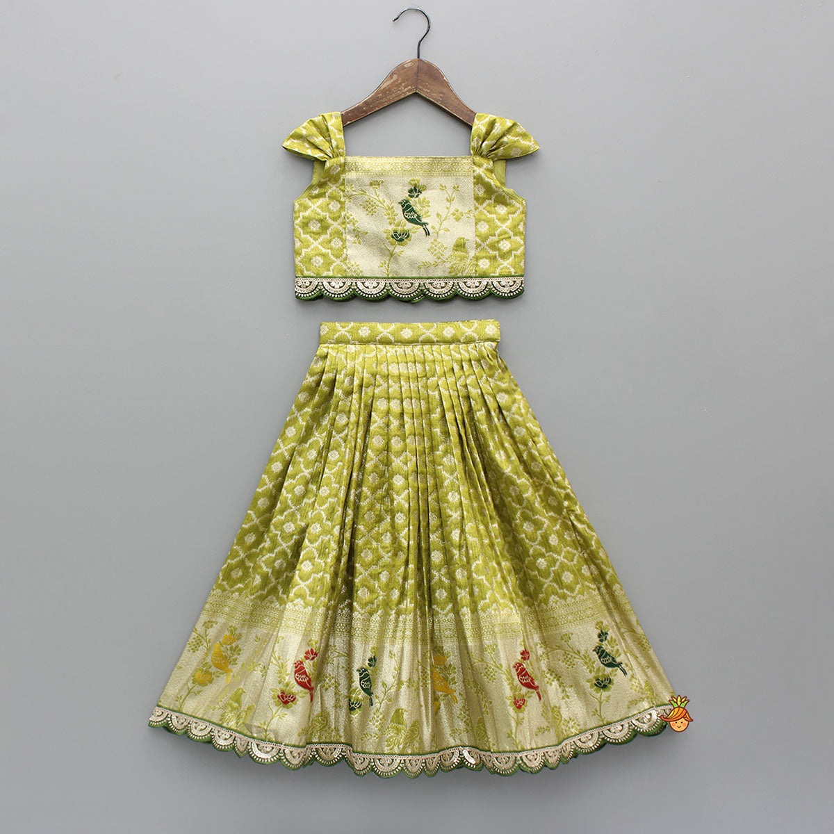 Green Scallop Brocade Top With Pleat Detailed Brocade Lehenga