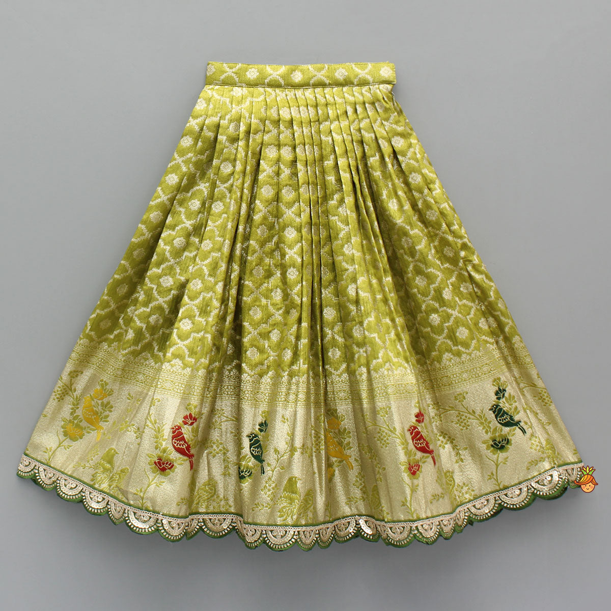 Green Scallop Brocade Top With Pleat Detailed Brocade Lehenga