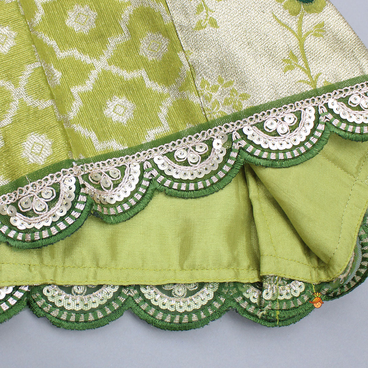 Green Scallop Brocade Top With Pleat Detailed Brocade Lehenga