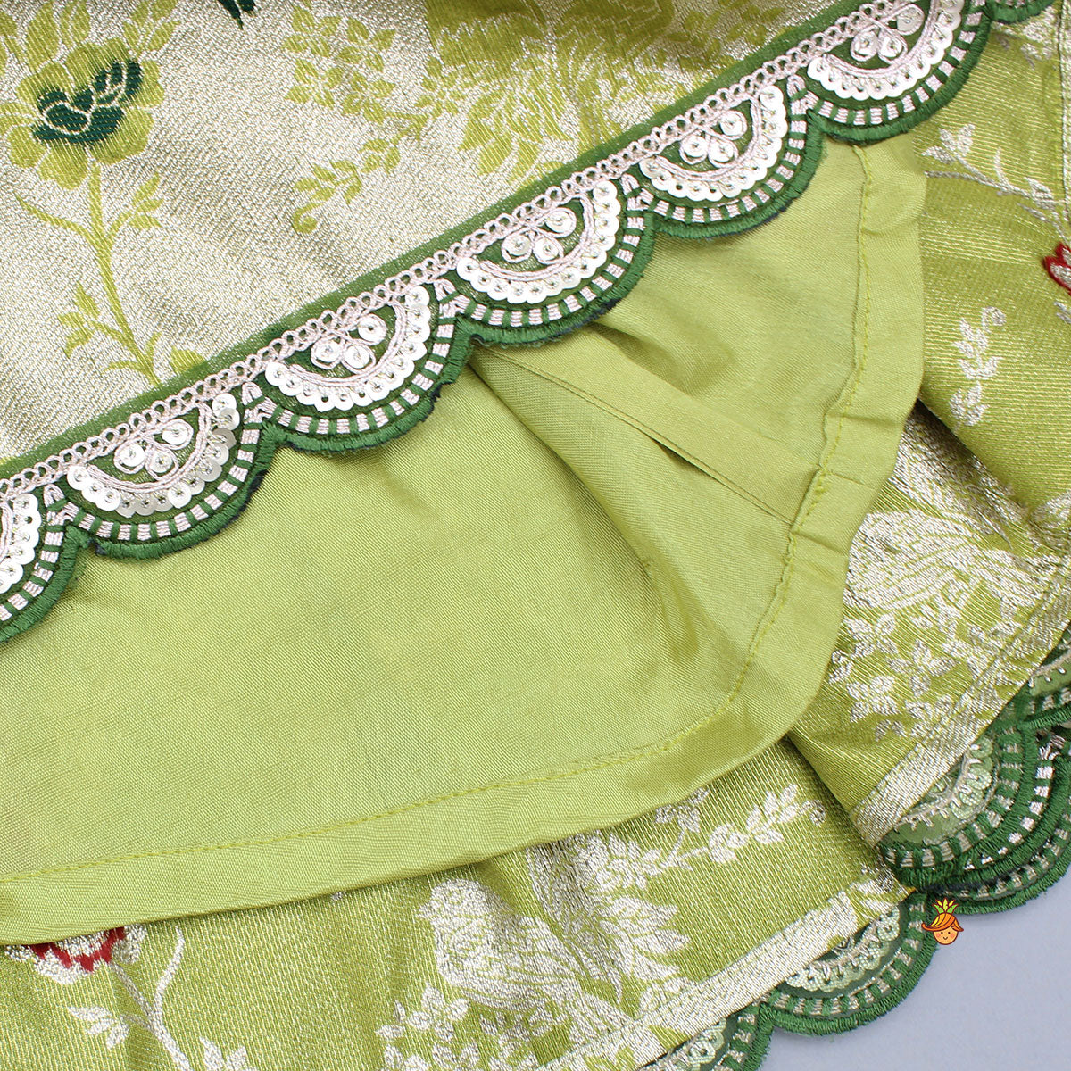 Green Scallop Brocade Top With Pleat Detailed Brocade Lehenga