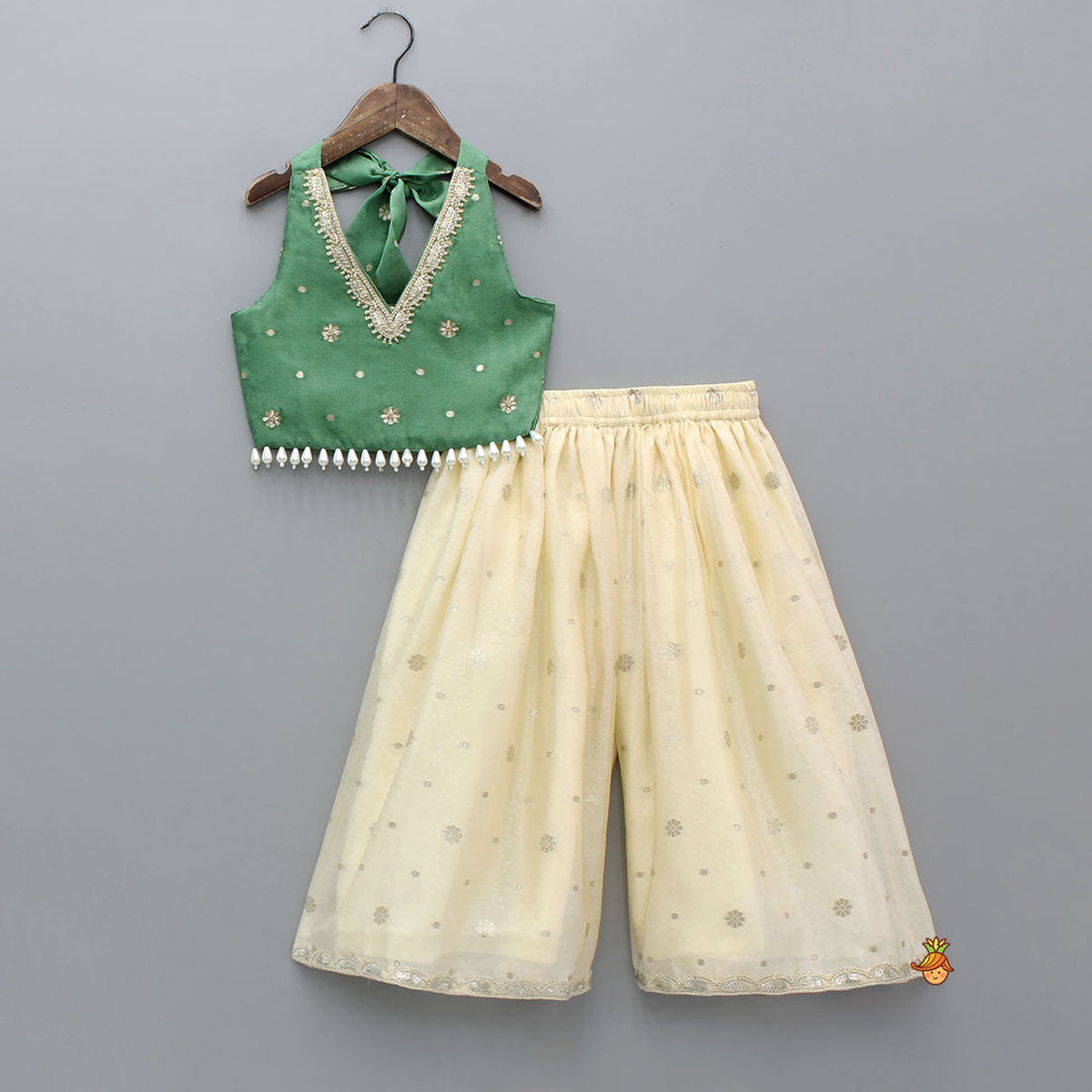 Beautiful Green Embroidered Halter Neck Top With Flared Palazzo