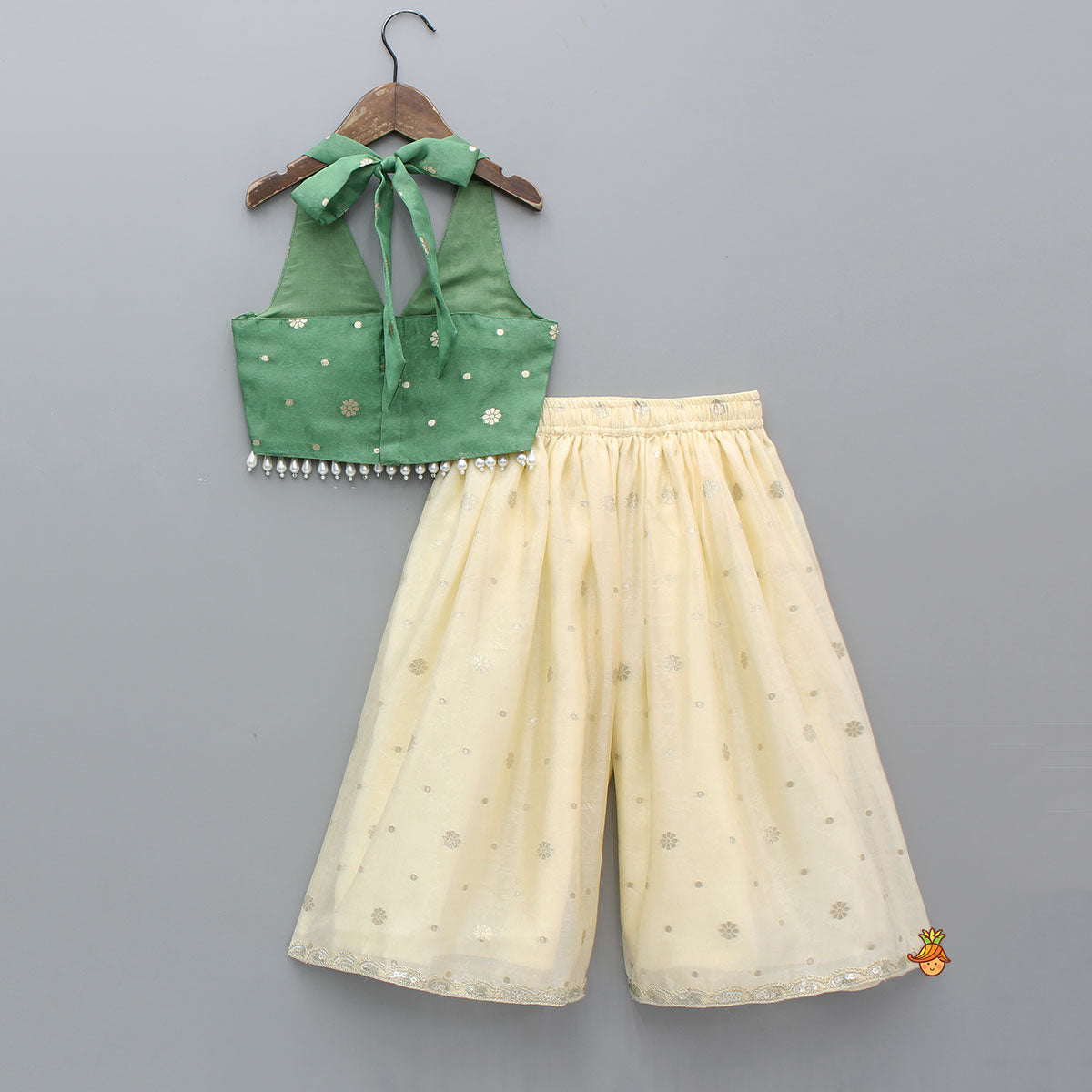 Beautiful Green Embroidered Halter Neck Top With Flared Palazzo