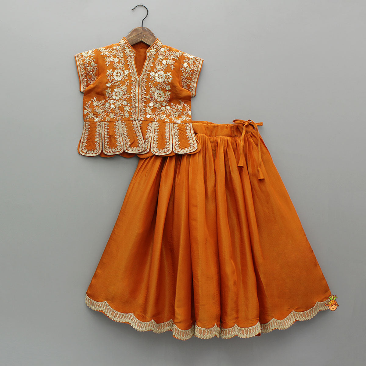 Shimmery Floral Embroidered Scalloped Top With Shimmery Lehenga