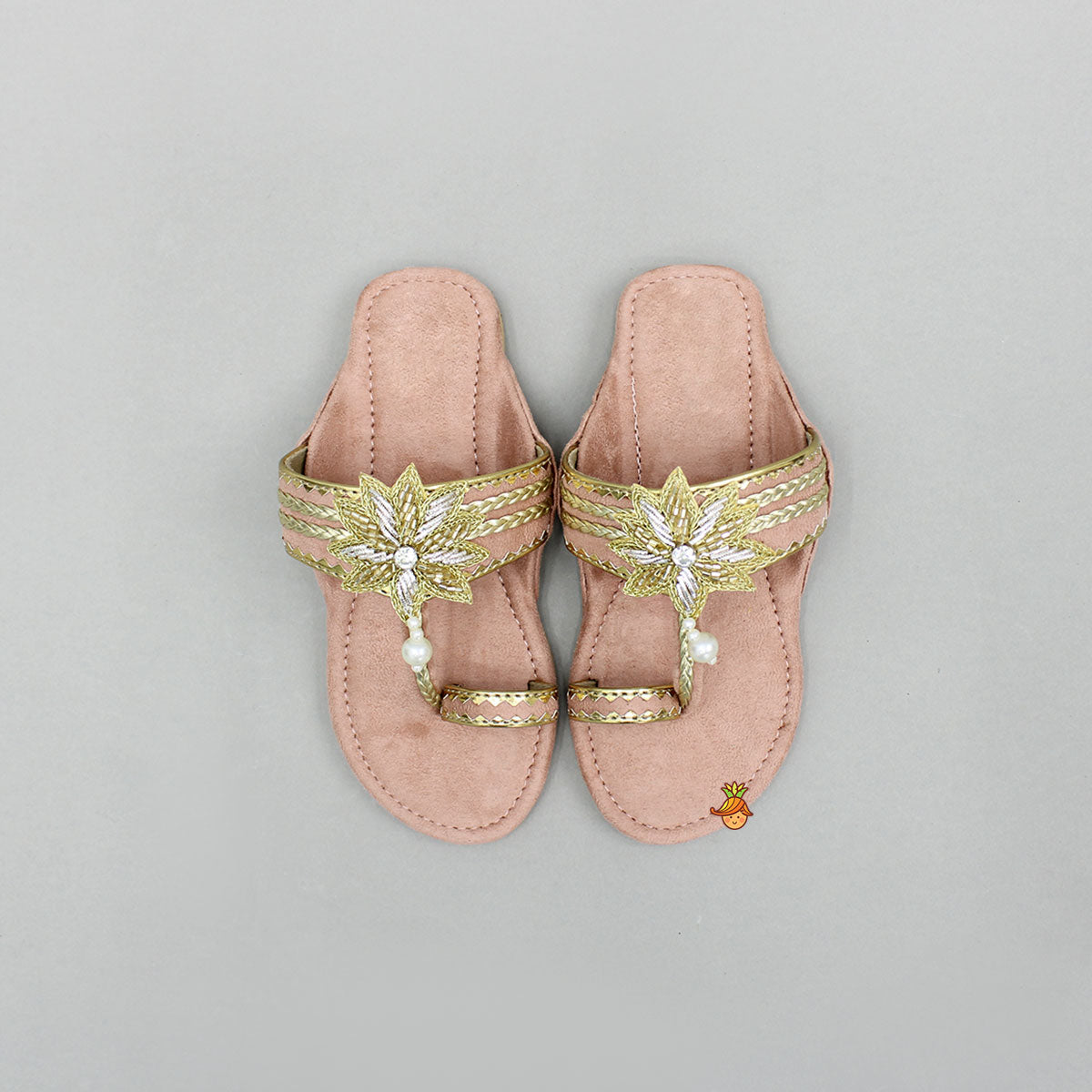 Peach Floral Detailed Embellished Kolhapuri Flats