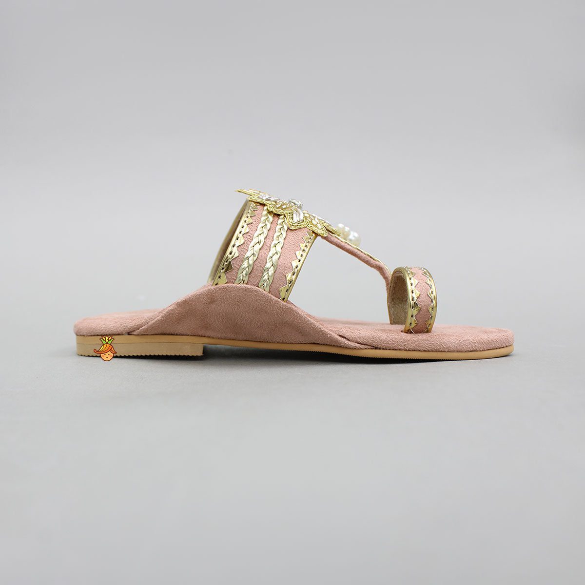 Peach Floral Detailed Embellished Kolhapuri Flats