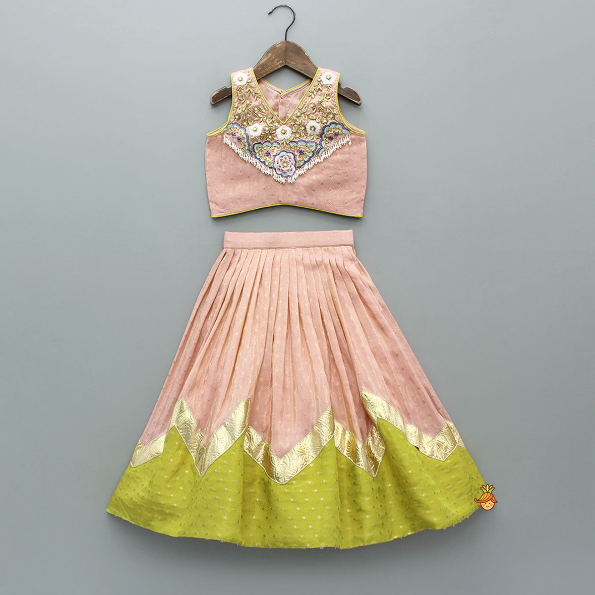 Shimmery Intricate Floral Embroidered Top With Flared Shimmery Lehenga