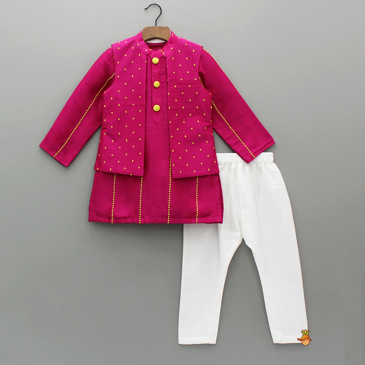 Pink Kurta With Polka Dots Embroidered Jacket And Pyjama