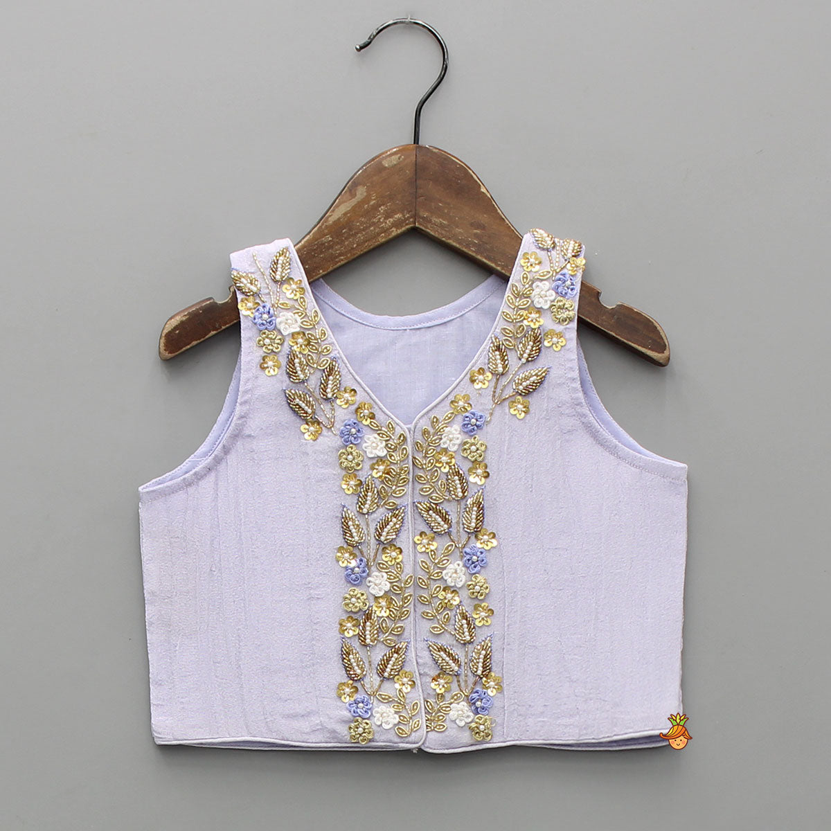 Sleeveless Floral Embroidered Sheen Lavender Top With Shimmery Lehenga