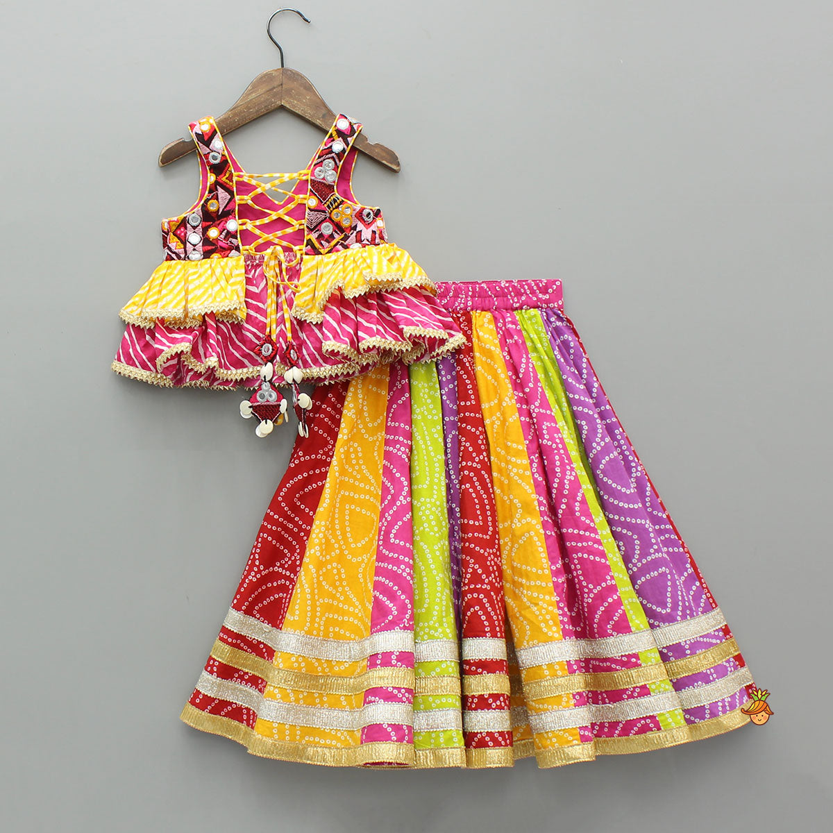 Faux Mirror Embroidered Colourful Tiered Top With Multicolour Bandhani Lehenga And Dupatta With Bandana