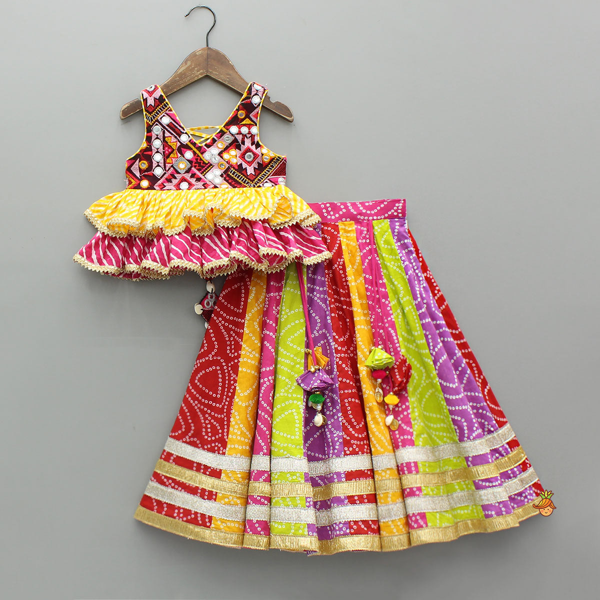 Faux Mirror Embroidered Colourful Tiered Top With Multicolour Bandhani Lehenga And Dupatta With Bandana