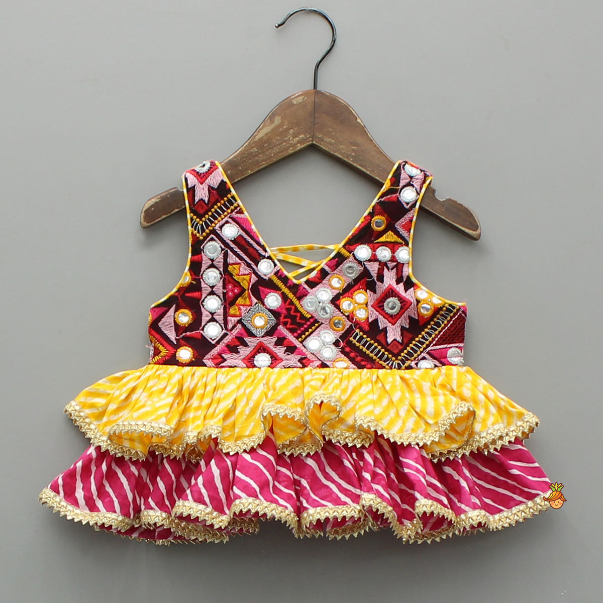 Faux Mirror Embroidered Colourful Tiered Top With Multicolour Bandhani Lehenga And Dupatta With Bandana