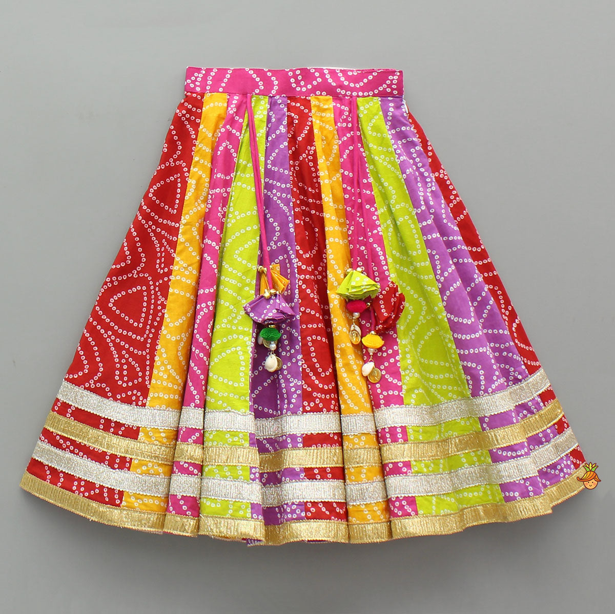 Faux Mirror Embroidered Colourful Tiered Top With Multicolour Bandhani Lehenga And Dupatta With Bandana